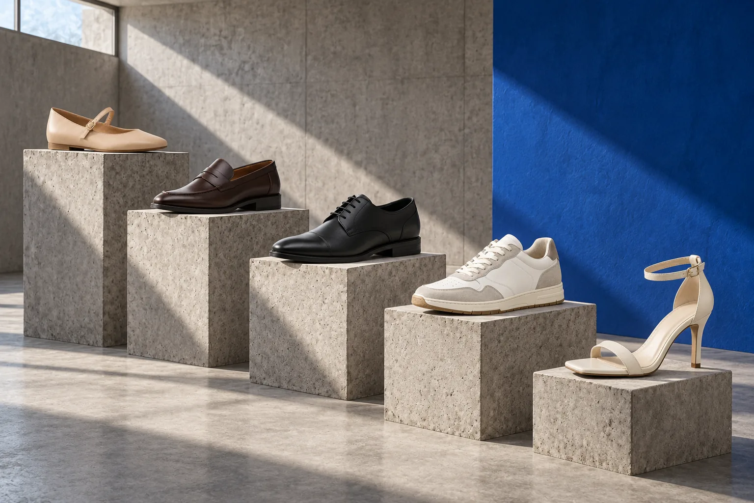 Five shoes displayed on concrete plinths of different heights beside a cobalt wall