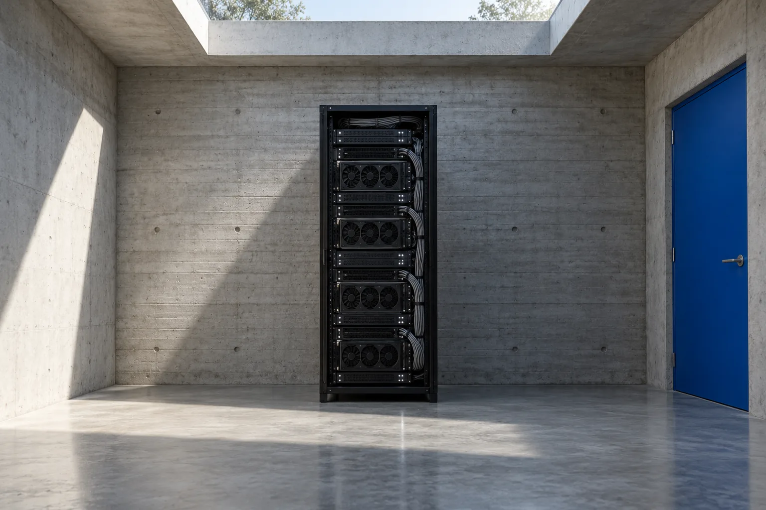 A single rack of GPU servers against a board-formed concrete wall, lit from a skylight, beside a cobalt door
